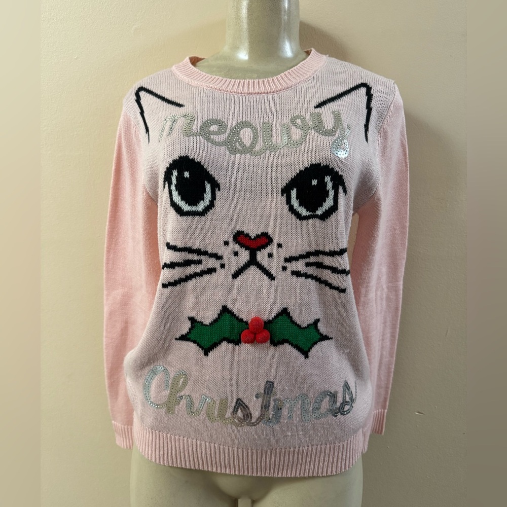 Pink Meowy Christmas Sweater Size M Junior’s GUC